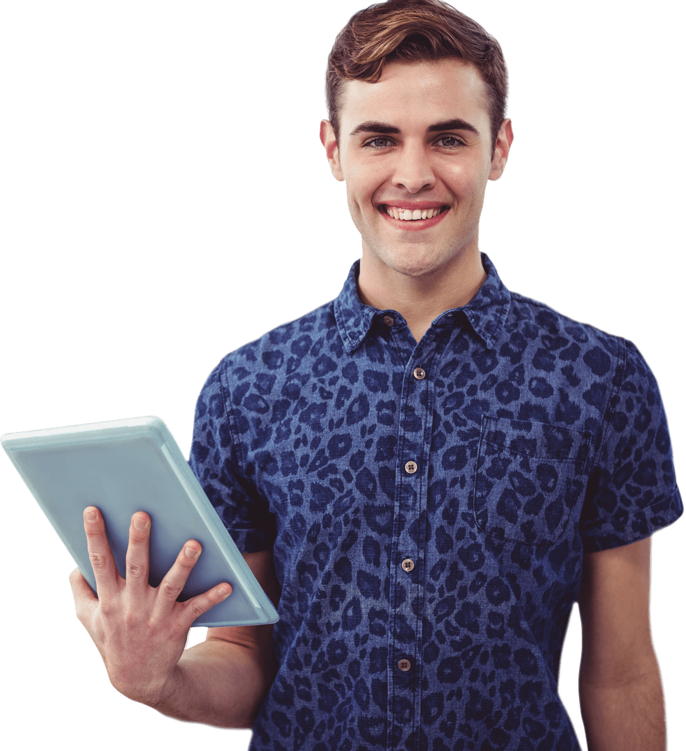 Cheerful Young Man Holding Tablet Isolated on Transparent Background