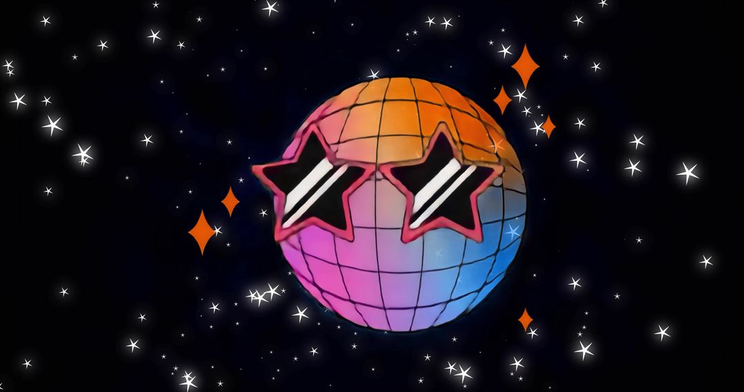 Floating grid disco ball wearing pink star sunglasses in cosmic space with neon sparkles