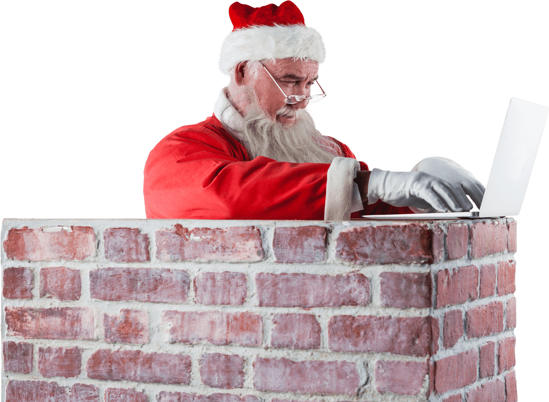 Transparent Santa Claus Using Laptop Over Chimney