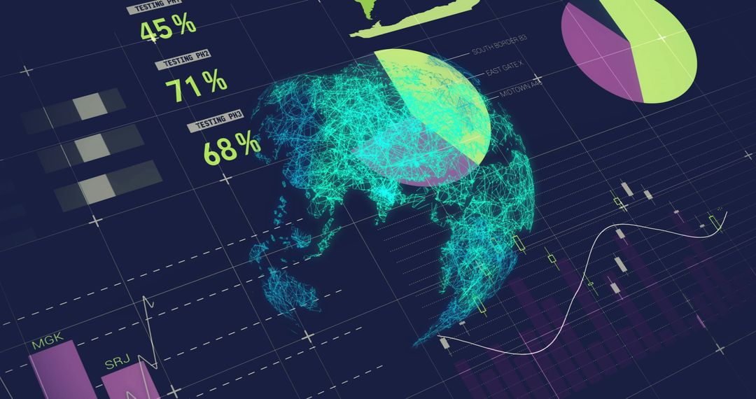 Futuristic Digital Visualization with Neon Wireframe Globe and Analytics
