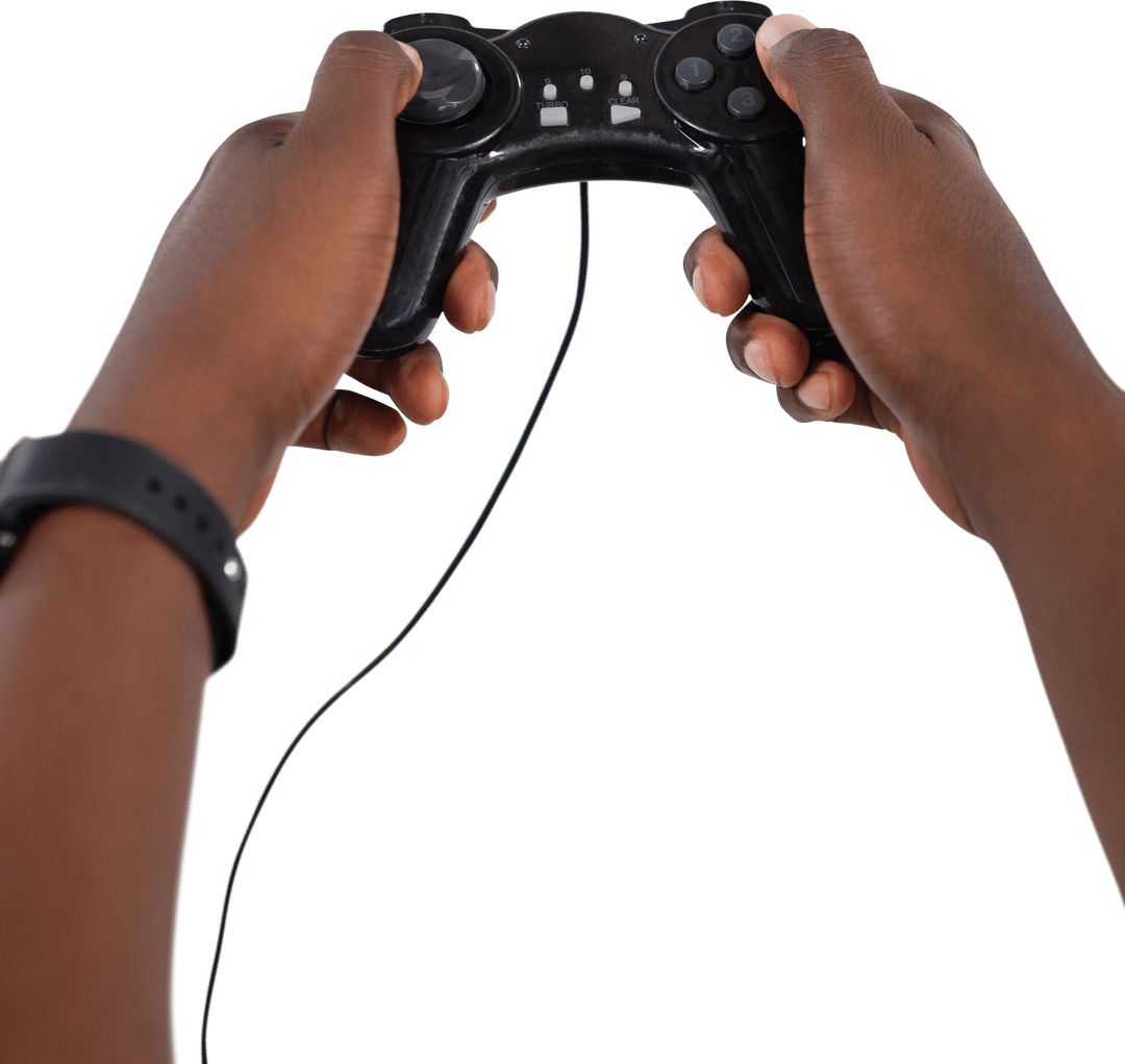 Hands Holding Controller Playing Video Game on Transparent Background