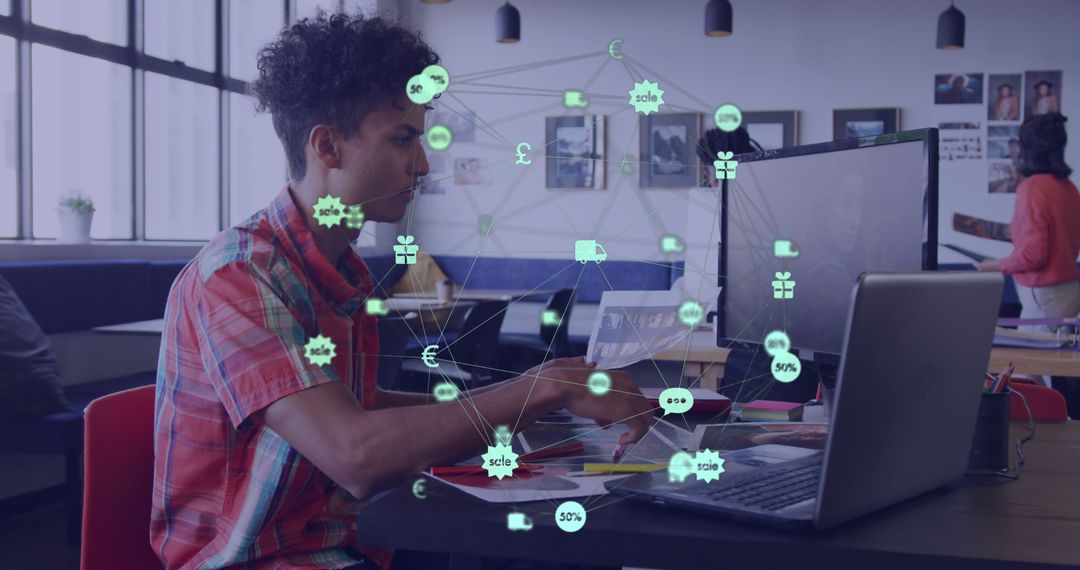 Young Professional Analyzing Financial Data on Computer with Holographic Interface - Free Images, Stock Photos and Pictures on Pikwizard.com