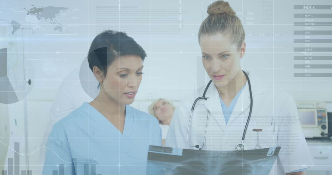 Female Doctors Analyzing X-Ray with Futuristic Technology Interface