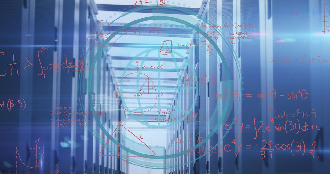 Digital Network with Mathematical Equations Overlaying Server Room