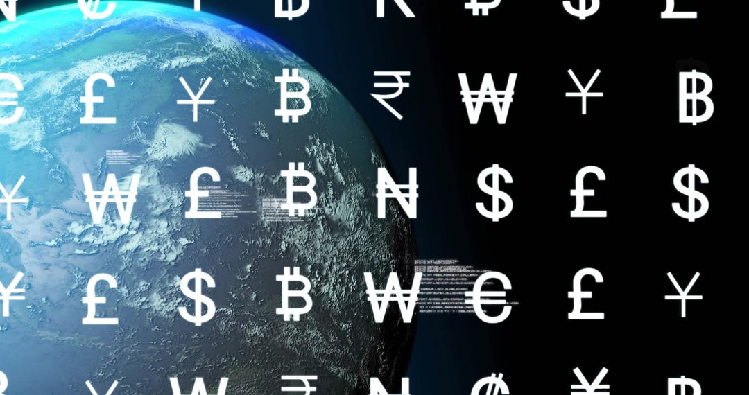 Floating Currency Symbols Over Rotating Earth in Space