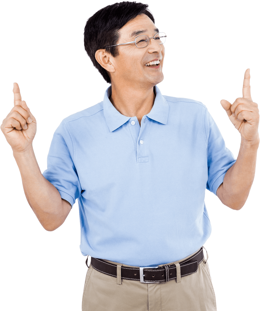 Transparent Happy Man in Eyeglasses Pointing Upward