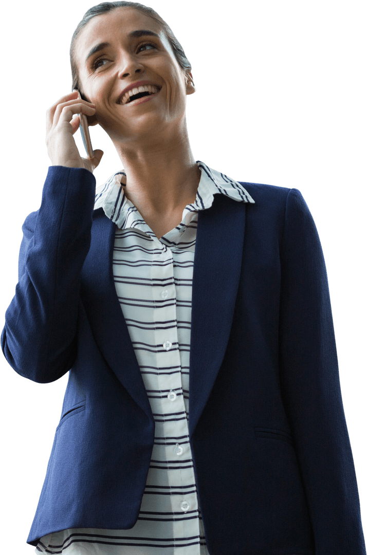 Smiling Businesswoman Talking on Phone with Confidence in Transparent Setting
