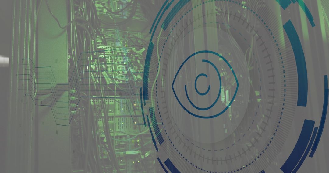 Eye Retina Scanner Overlaying Data Server Room Concept