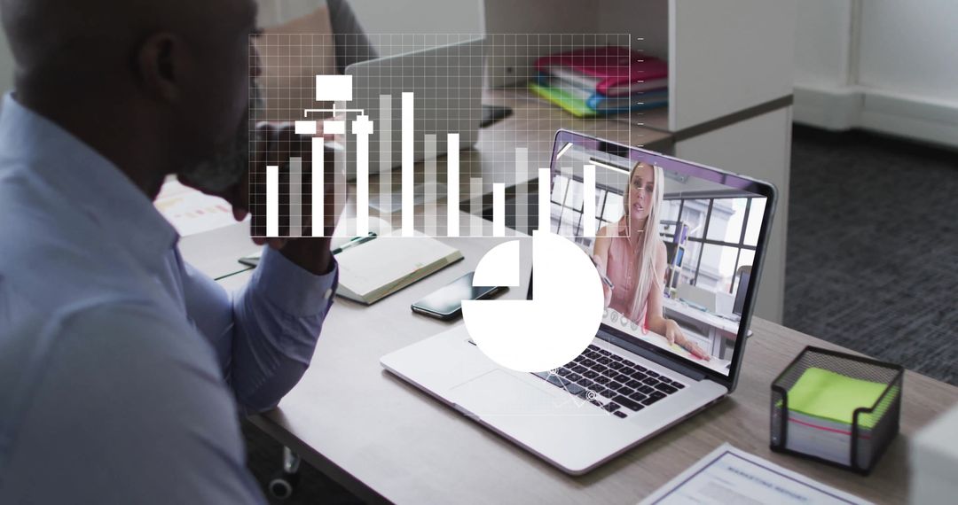 Virtual Business Meeting with Financial Data Infographic Overlay