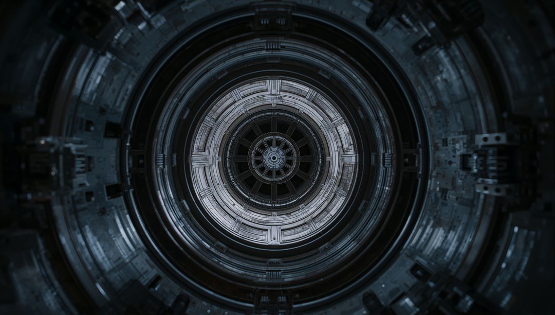 Rotating Mechanical Core Revealing Concentric Turbine Rings and Industrial Hub