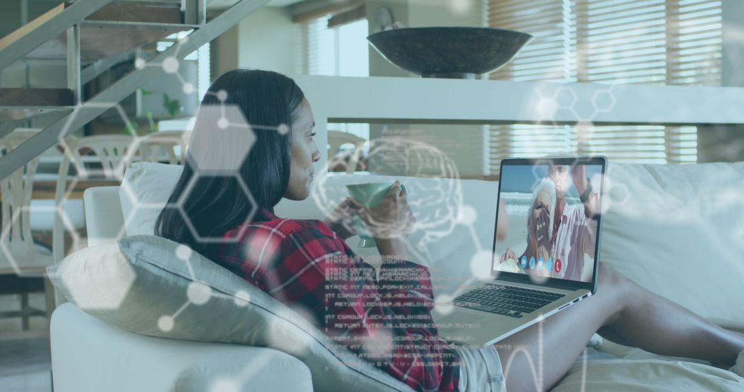 Woman Engaging in Virtual Call With Digital Interface Overlay
