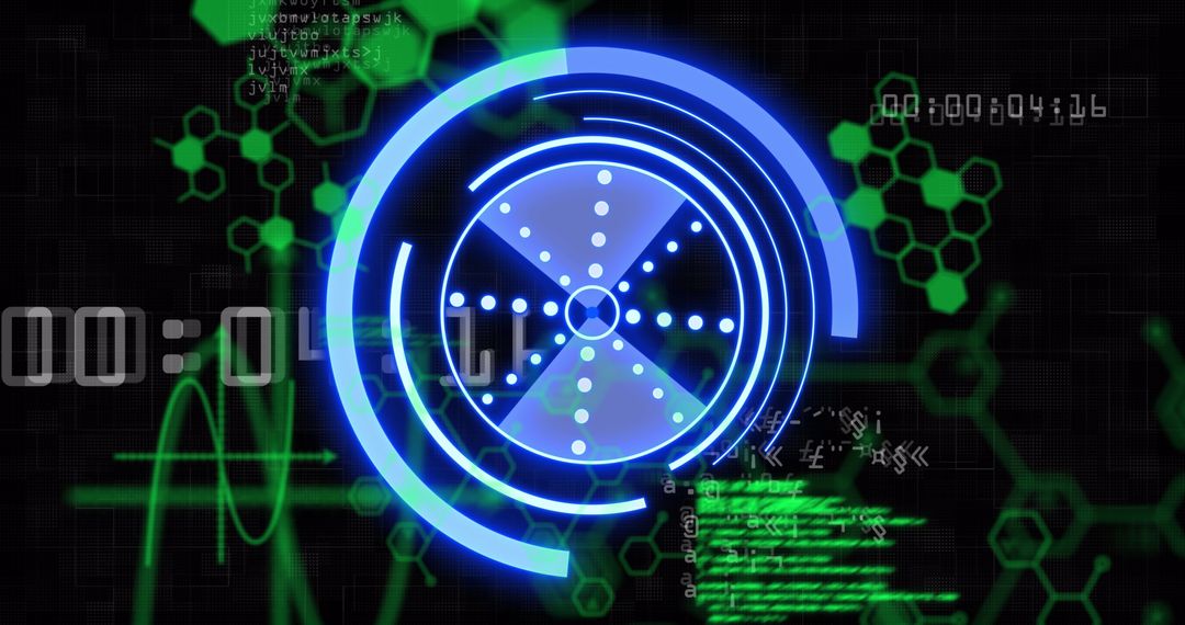 Futuristic data processing interface with blue circles and hexagons