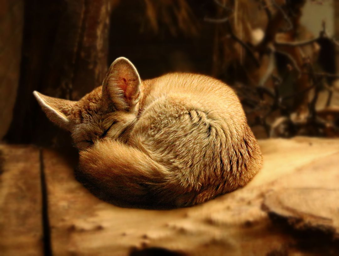 Fennec Fox Sleeping Peacefully on Rustic Wood Surface