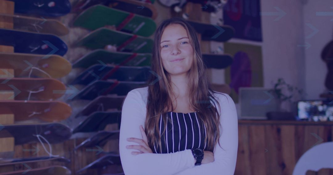 Confident Shop Assistant with Skateboards in Vibrant Store Display