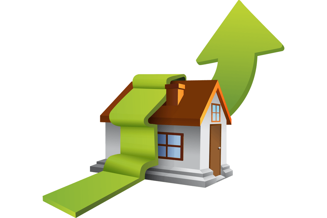 Green Growth Arrow Passing Over House on Transparent Background