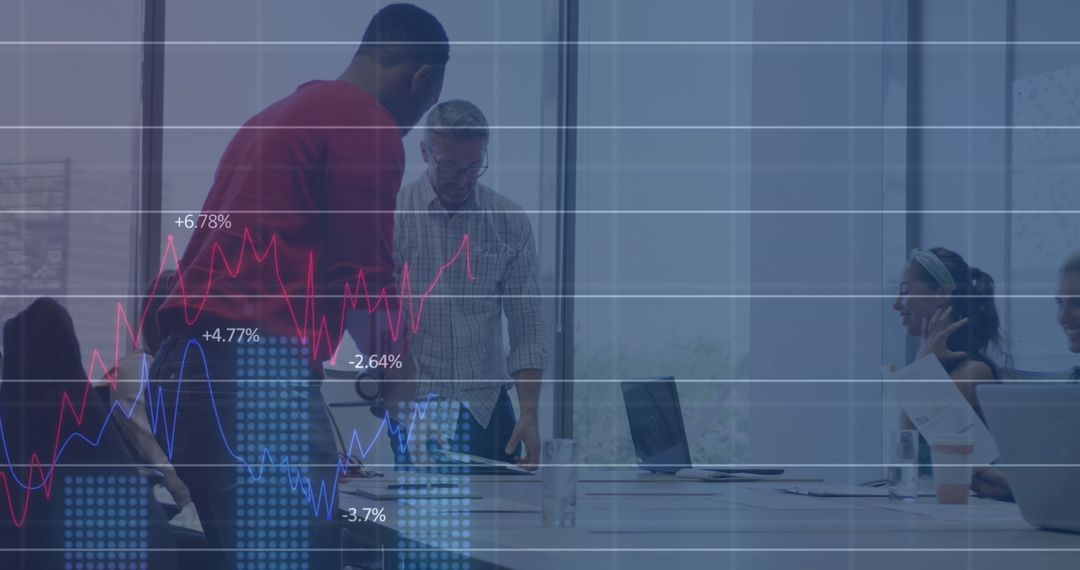 Business Team Analyzing Financial Data with a Global Interface Overlay