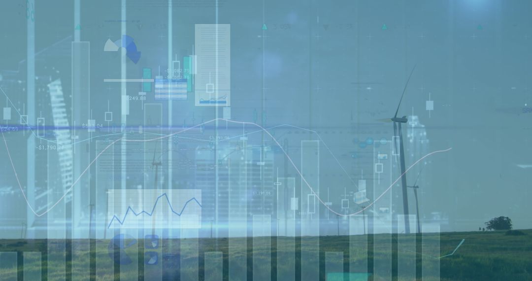 Wind Turbines with Financial Data Overälays Show Renewable Energy Growth