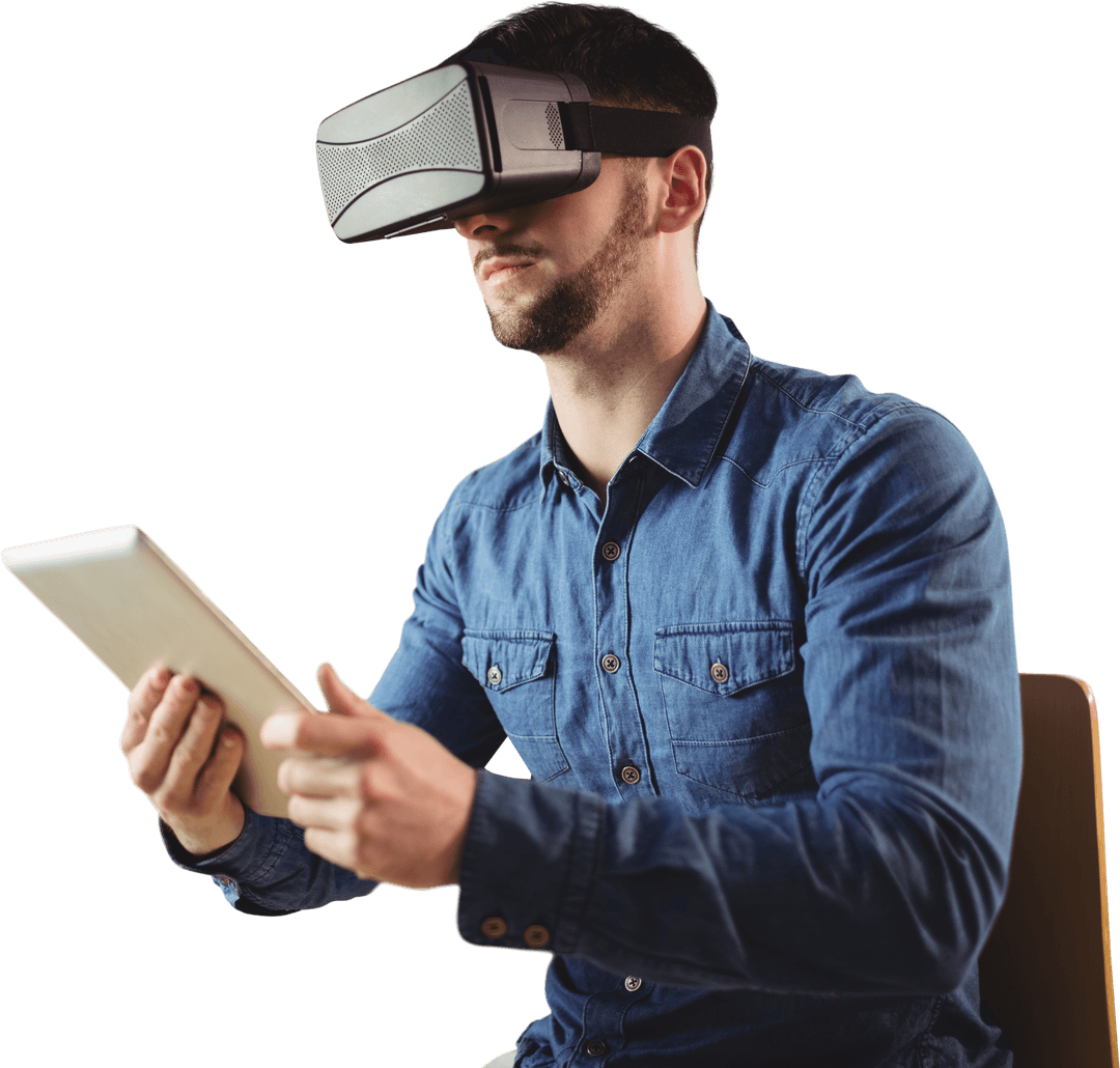 Transparent Background VR Headset User Holding Tablet