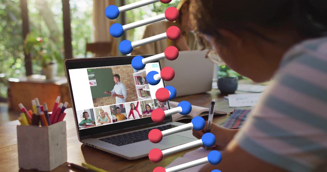 Child Studying Genetics Online at Home Leaning Over Laptop with DNA Strand Overlay and Notebook