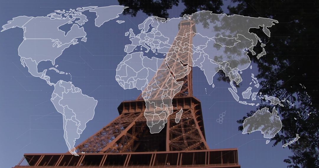 Eiffel Tower with Transparent World Map Symbolizing Global Connectivity
