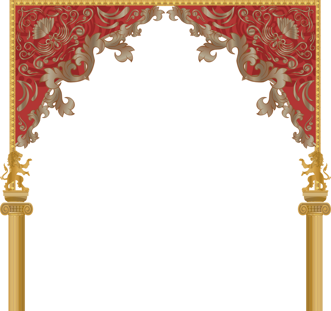 Baroque Theatre Frame with Lions and Red Swag on Transparent Background