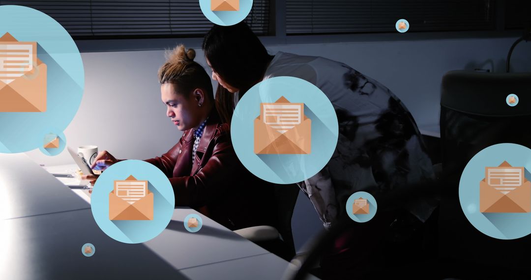 Diverse Coworkers Discussing Reports with Digital Messages Graphic