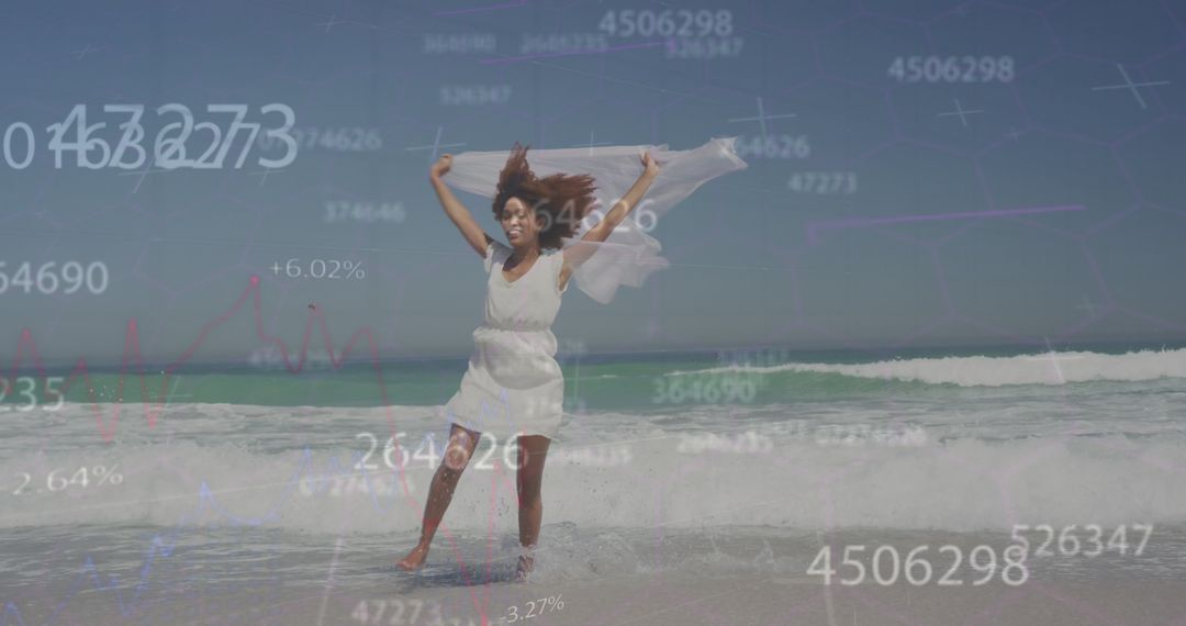 Woman Enjoys Beach Dance with Abstract Financial Data Overlay