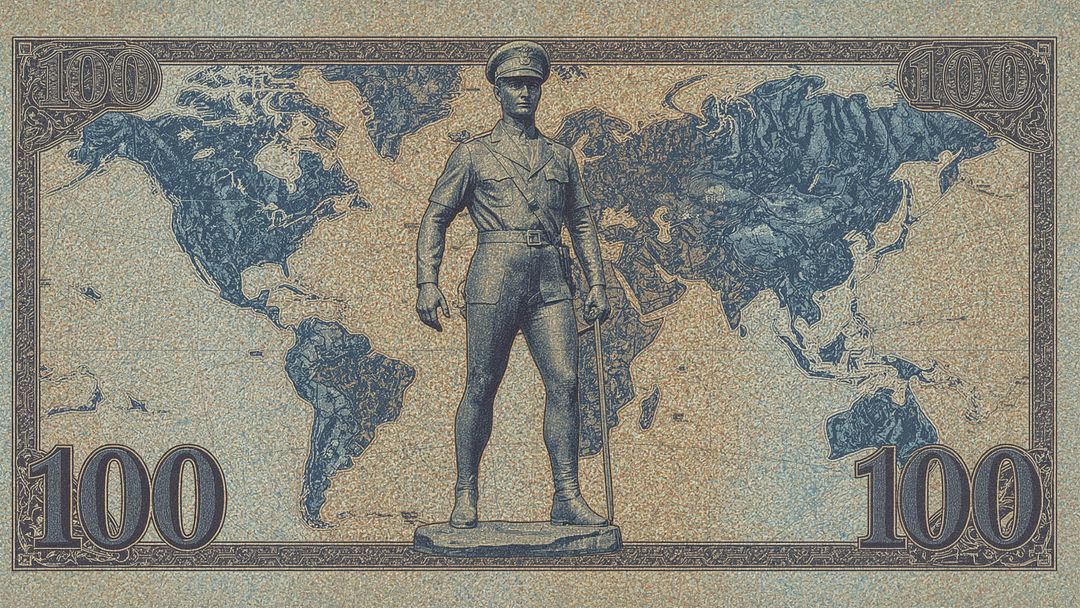 Vintage Currency Note Design with Soldier Statue and World Map