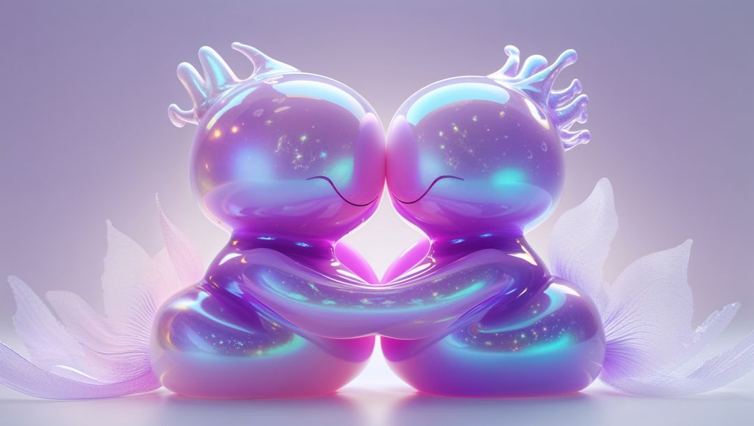Iridescent Creatures Embracing with Glowing Heart Halo