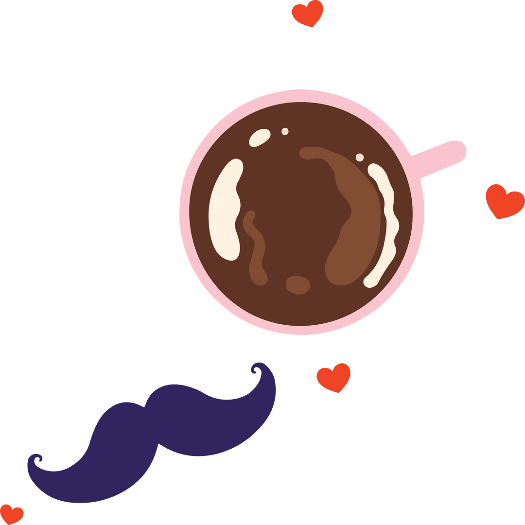 Minimalist Coffee Mug with Moustache and Hearts Ornament on Transparent Background