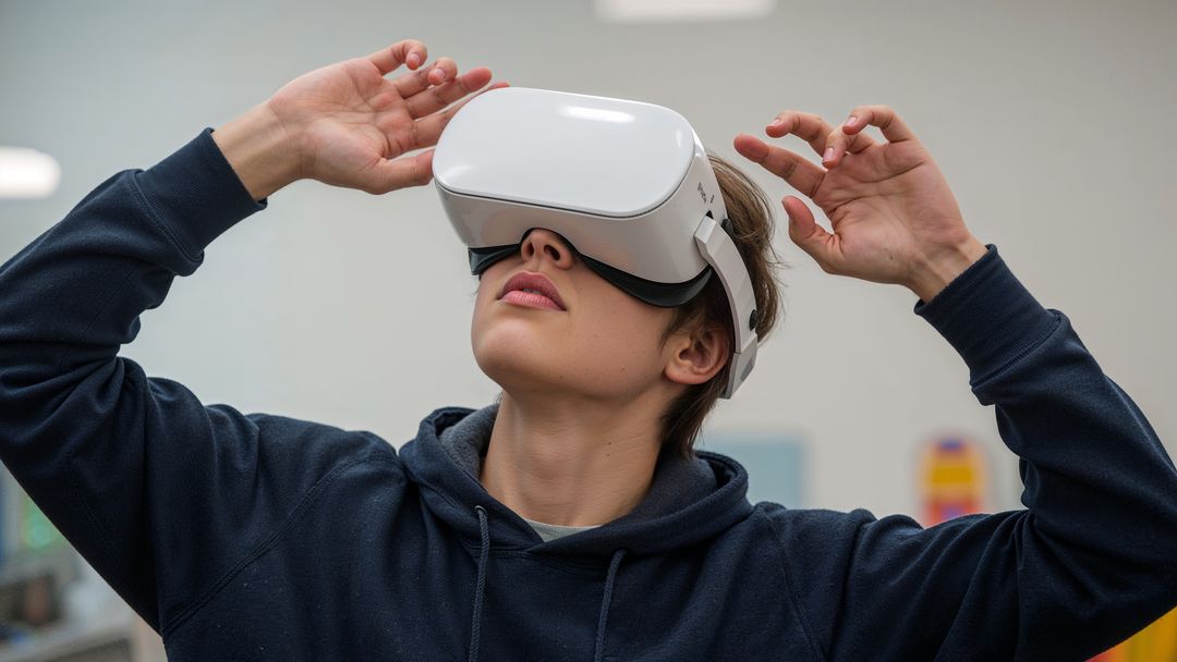 Teen Engaging with Virtual Reality Headset in Innovative Tech Lab