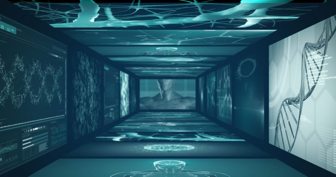 Futuristic Corridor with Digital Data Displays Glowing Blue