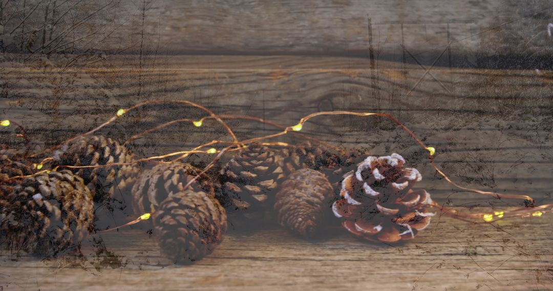 Pine Cones with Fairy Lights on Rustic Wood Surface