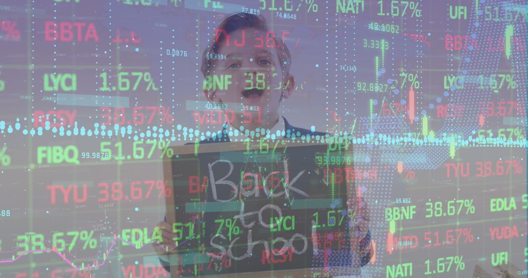 Schoolboy with Chalkboard Amid Stock Market Data Display