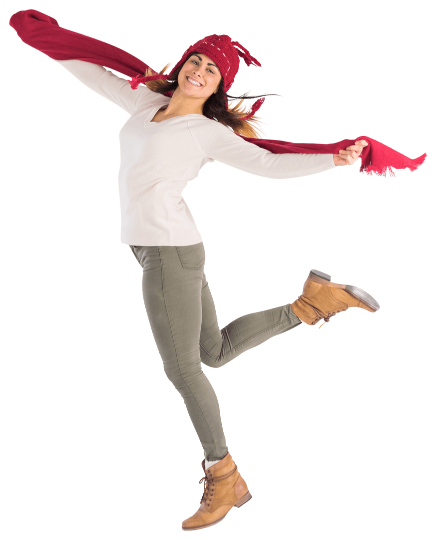 Joyful Woman in Winter Attire Waving Marking Cheerful Vibement