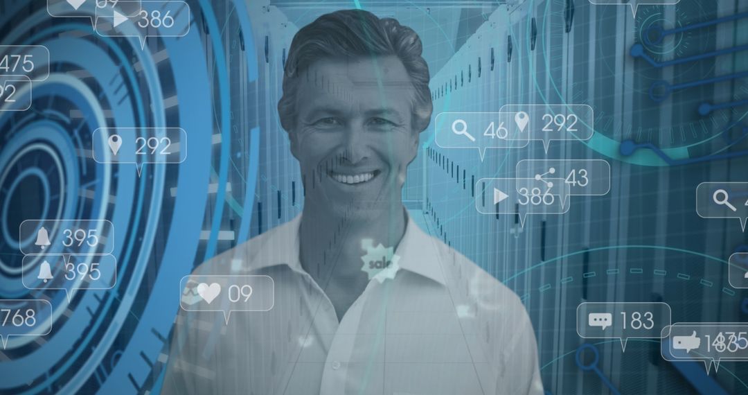 Smiling Businessman with Digital Data Overlay in Tech Environment