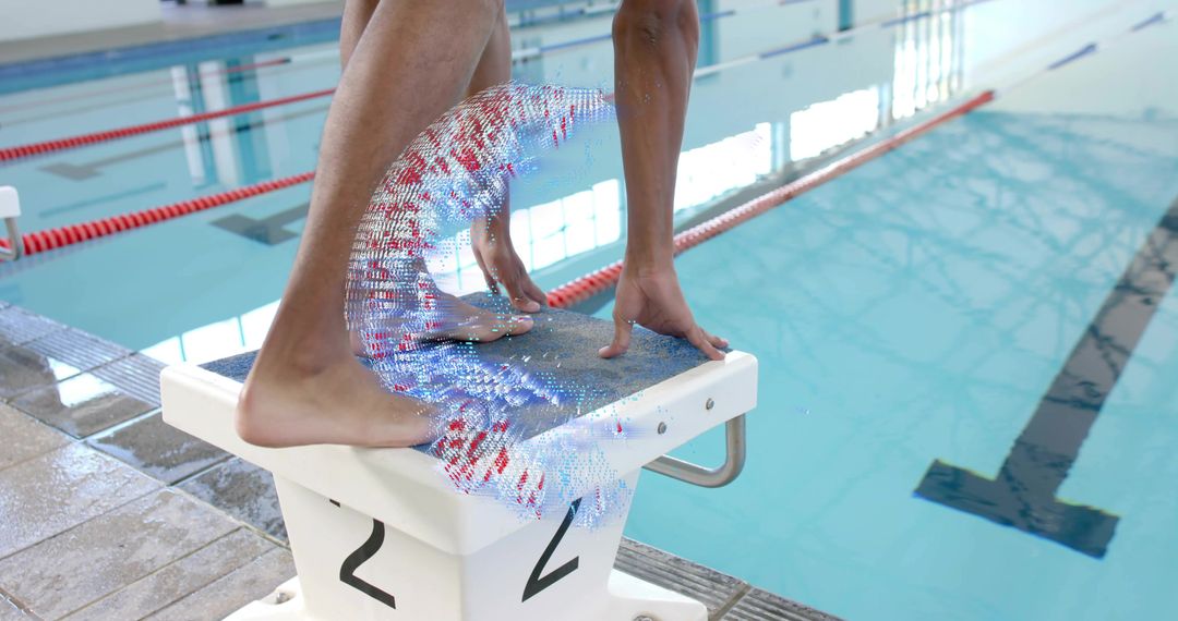Poising Swimmer Gripping Starting Block 2 Preparing for Race with Particle Trail at Pool