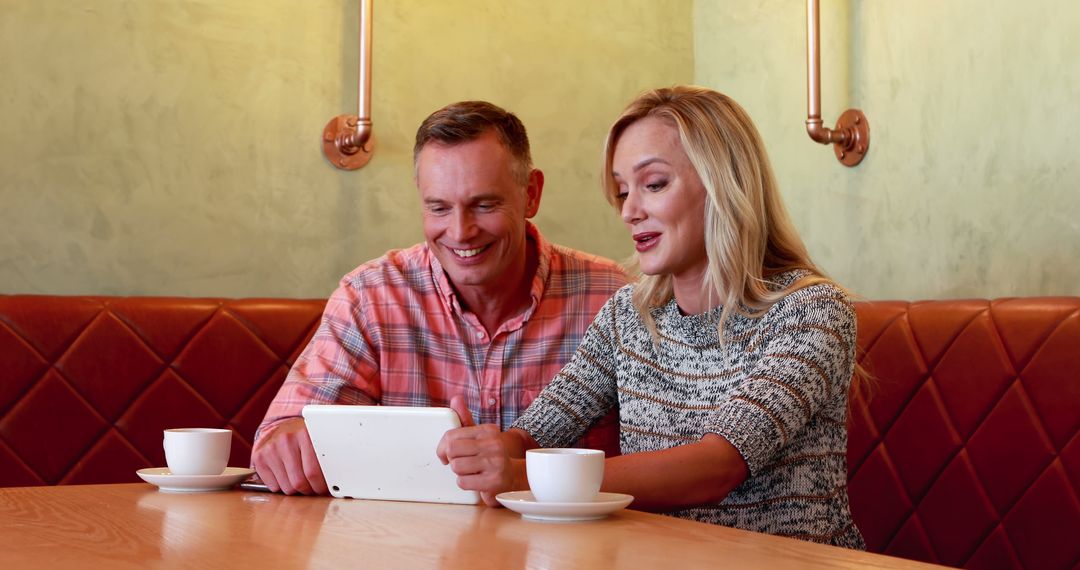 Happy Couple Enjoying Coffee While Browsing on Tablet in Cafe