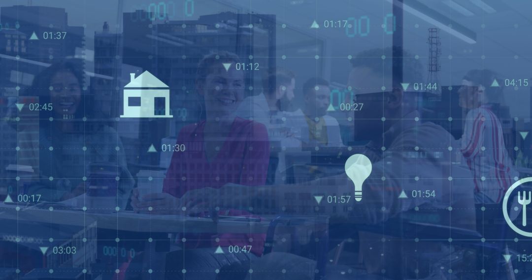 Digital Interface with Icon Overlay on Business Meeting