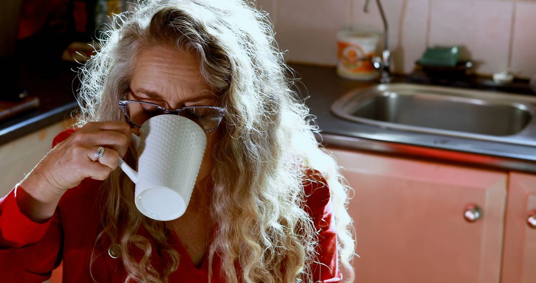 Woman with Long Blonde Hair Enjoying Morning Coffee in Kitchen - Free Images, Stock Photos and Pictures on Pikwizard.com