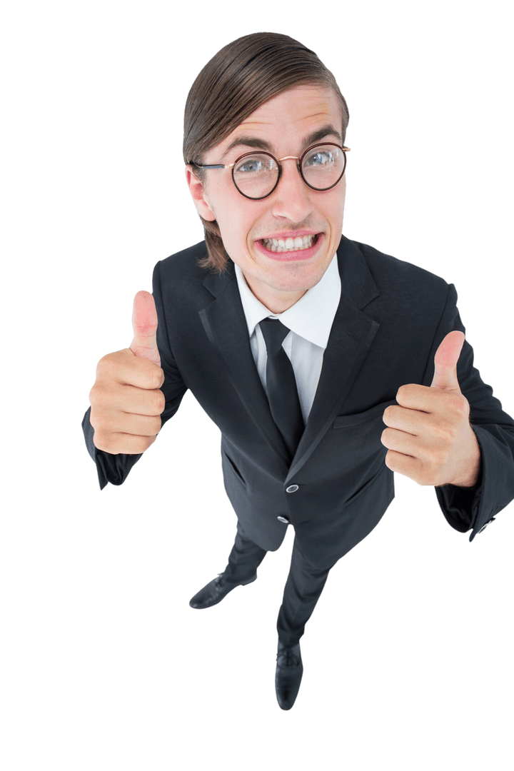 Geeky Businessman with Thumbs Up in Transparent Suit