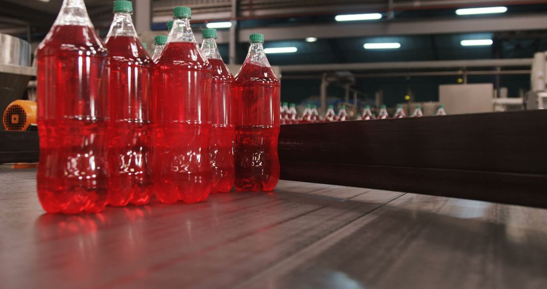 Bottled Red Beverage Moving on Conveyor Belt in Manufacturing Plant - Free Images, Stock Photos and Pictures on Pikwizard.com