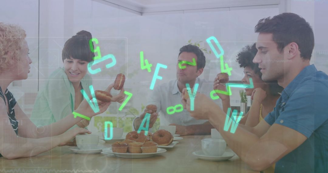 Friends Enjoying Donuts and Cupcakes with Digital Overlay