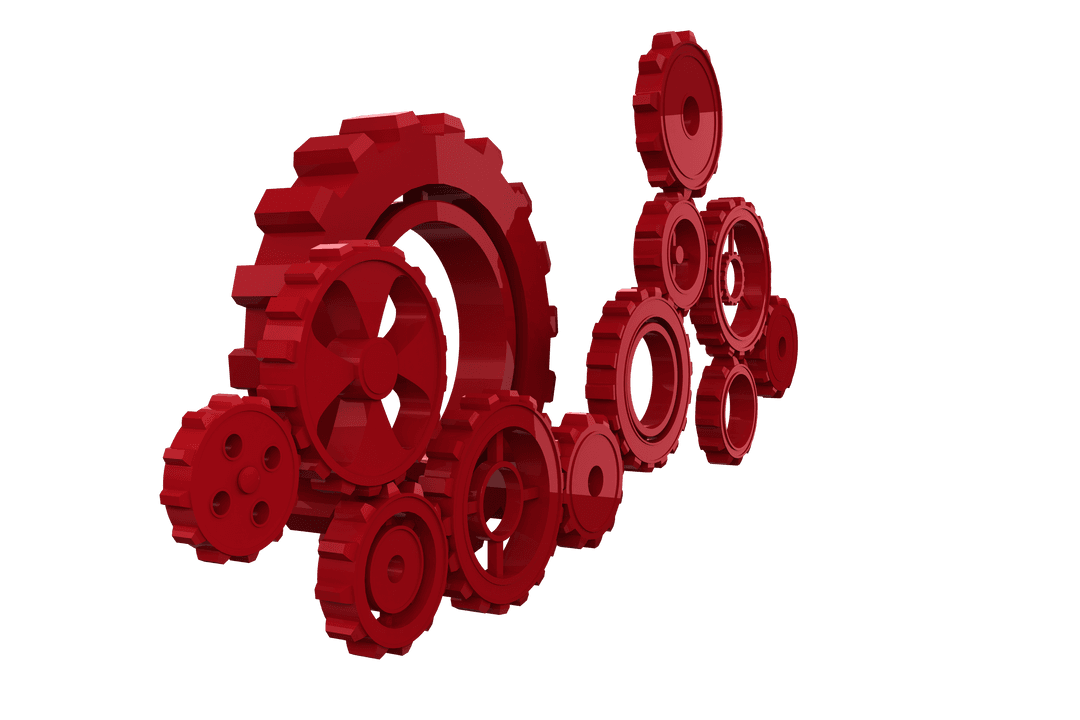 Red Gears Group Symbolizes Machinery on Transparent Background