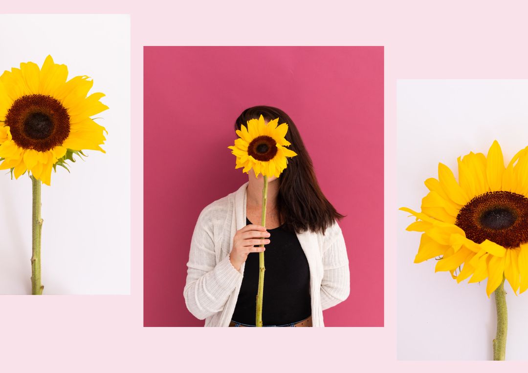 Woman Holding Sunflower With Bright Pink Background - Download Free Stock Templates Pikwizard.com