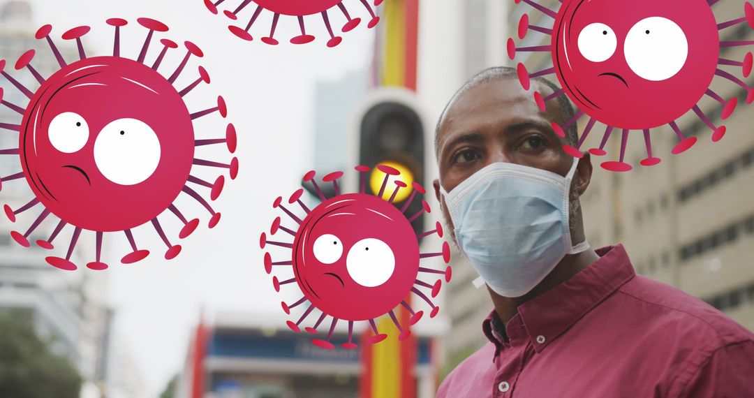 Man Wearing Face Mask Surrounded by Depicted COVID-19 Cells in Urban Area