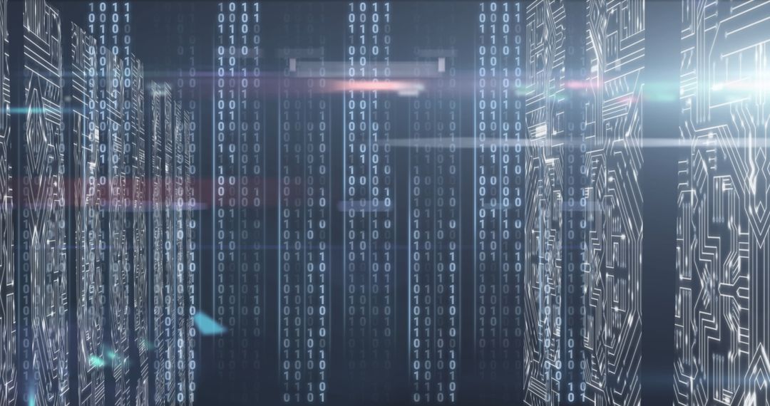 Digital Binary Code with Dynamic Light Trails in a Technological Background