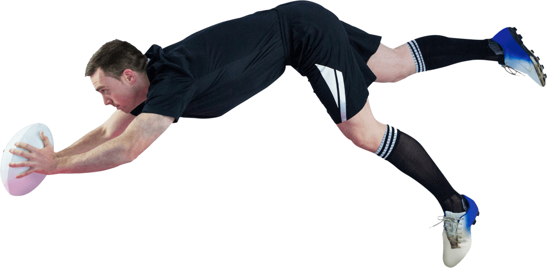 Rugby Player Scoring Try with Determination, Transparent Background