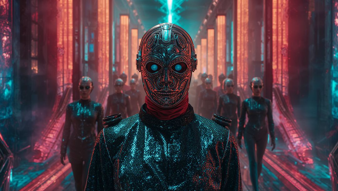 Futuristic Androids in Neon corridor with Glowing Visors