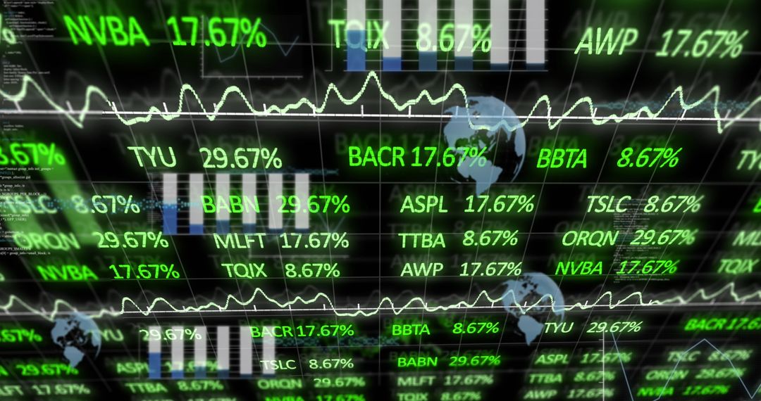 Digital Stock Market Data Display with Ticker Symbols and Graphs